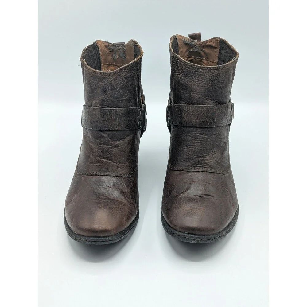 B.O.C Ankle Boots Women 8 Brown Leather Harness Block Heel Ring Buckle Strap
